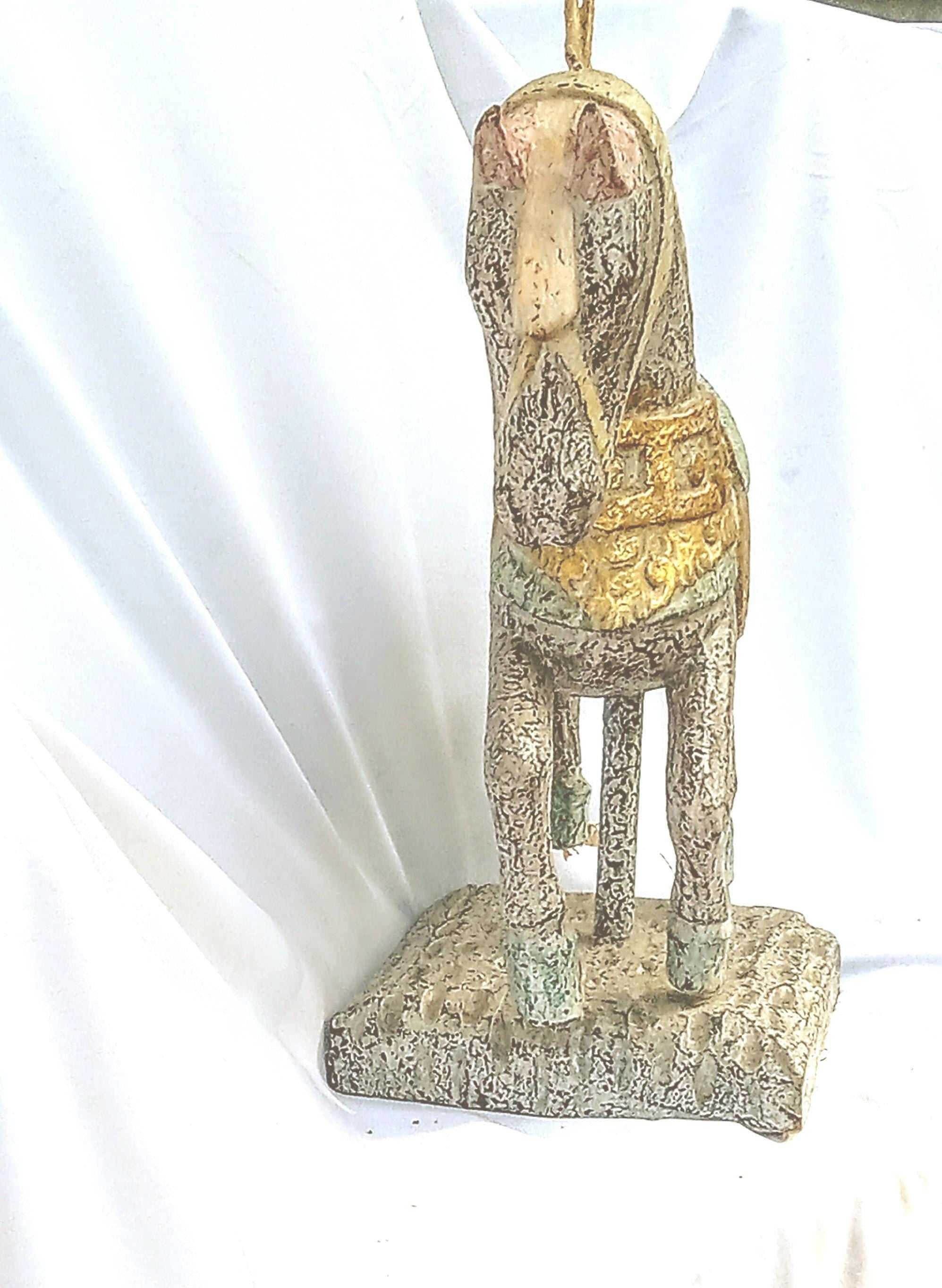 Indonesian Hand-Carved Horse Statue – Gessoed Wood with Gold Accents and Metal Mane