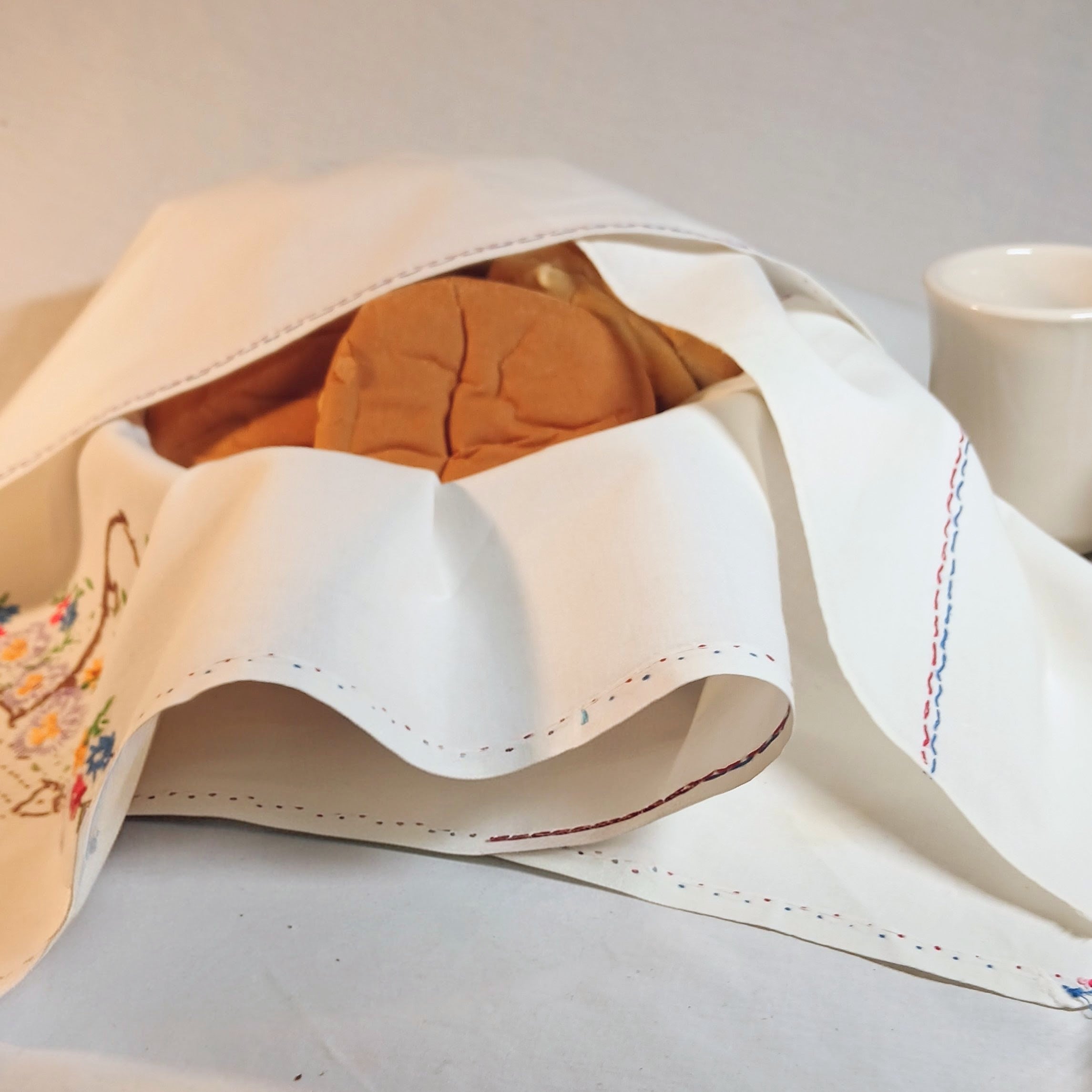 Vintage Hand Embroidered Basket Liner / Bread Cover