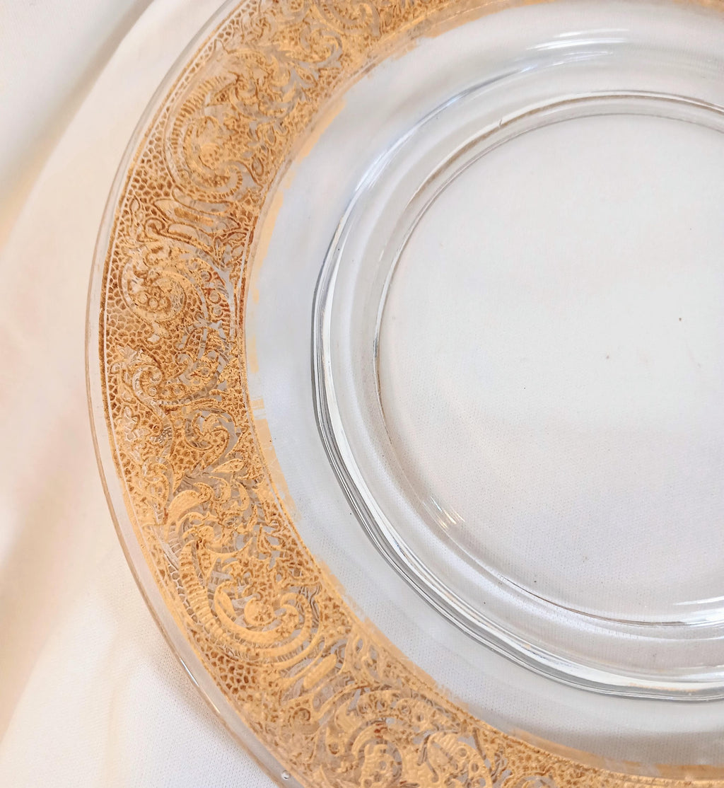Set of 4 Vintage Etched Glass Dessert Plates – Georgian Style Gold Gilt Luncheon Service