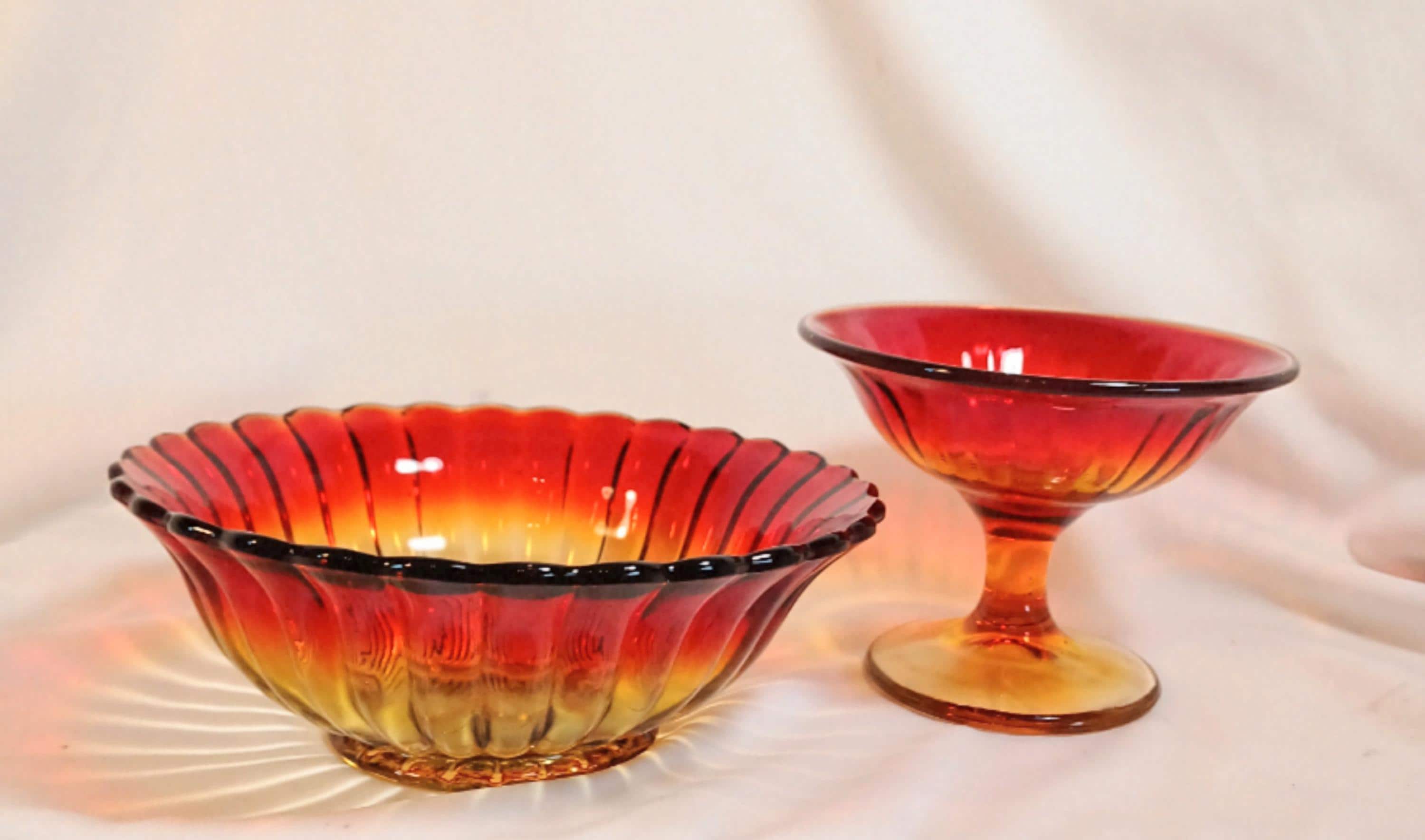 Pedestal Bowl with Matching Dish - Vintage Amberina Imperial Glass - 1930s