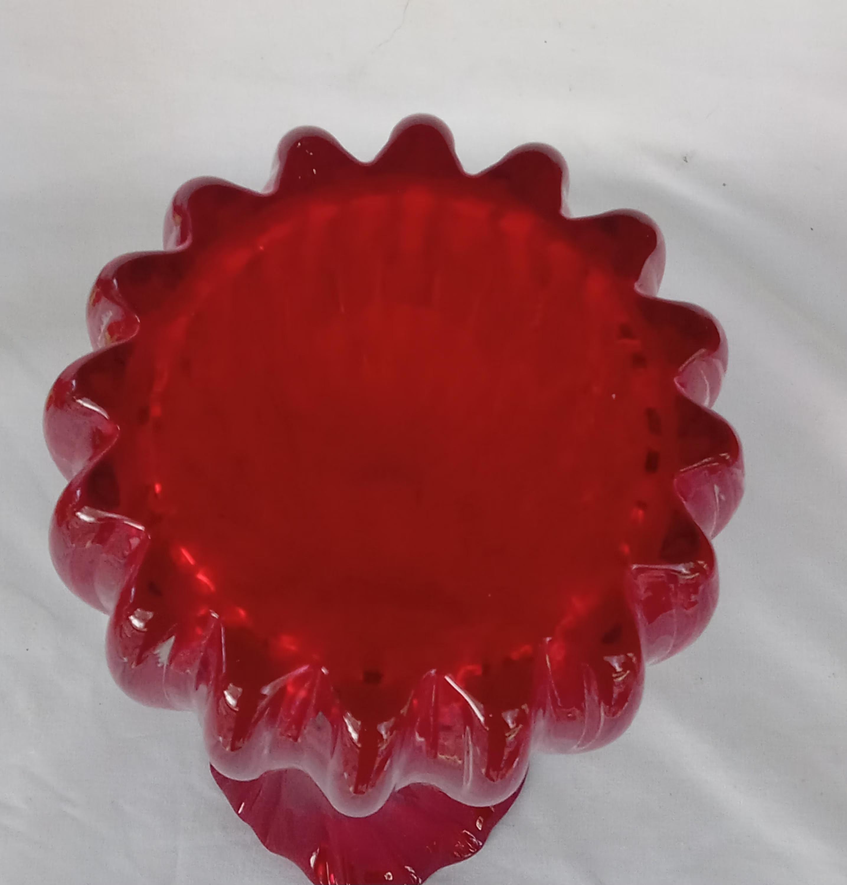 Hand Blown Glass Vase - Ruby Red, Ruffled Rim & Polished Pontil