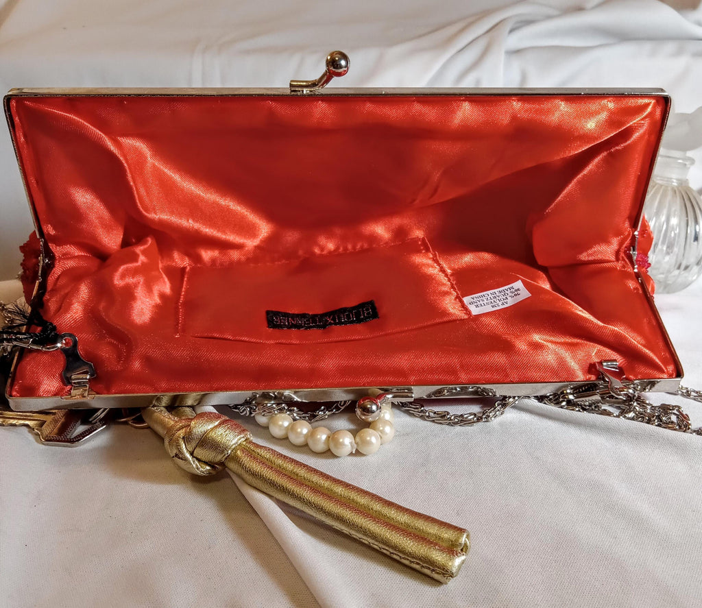 Bijoux Terner Red Satin Evening Clutch – Silver Chain Strap