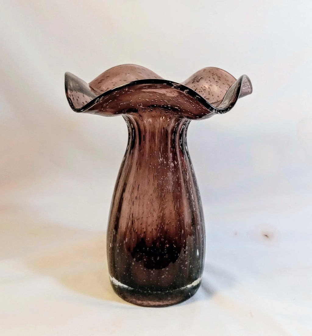 Hand-Blown Art Glass Ruffled Vase – Controlled Bubble, Amethyst Smoke Tone