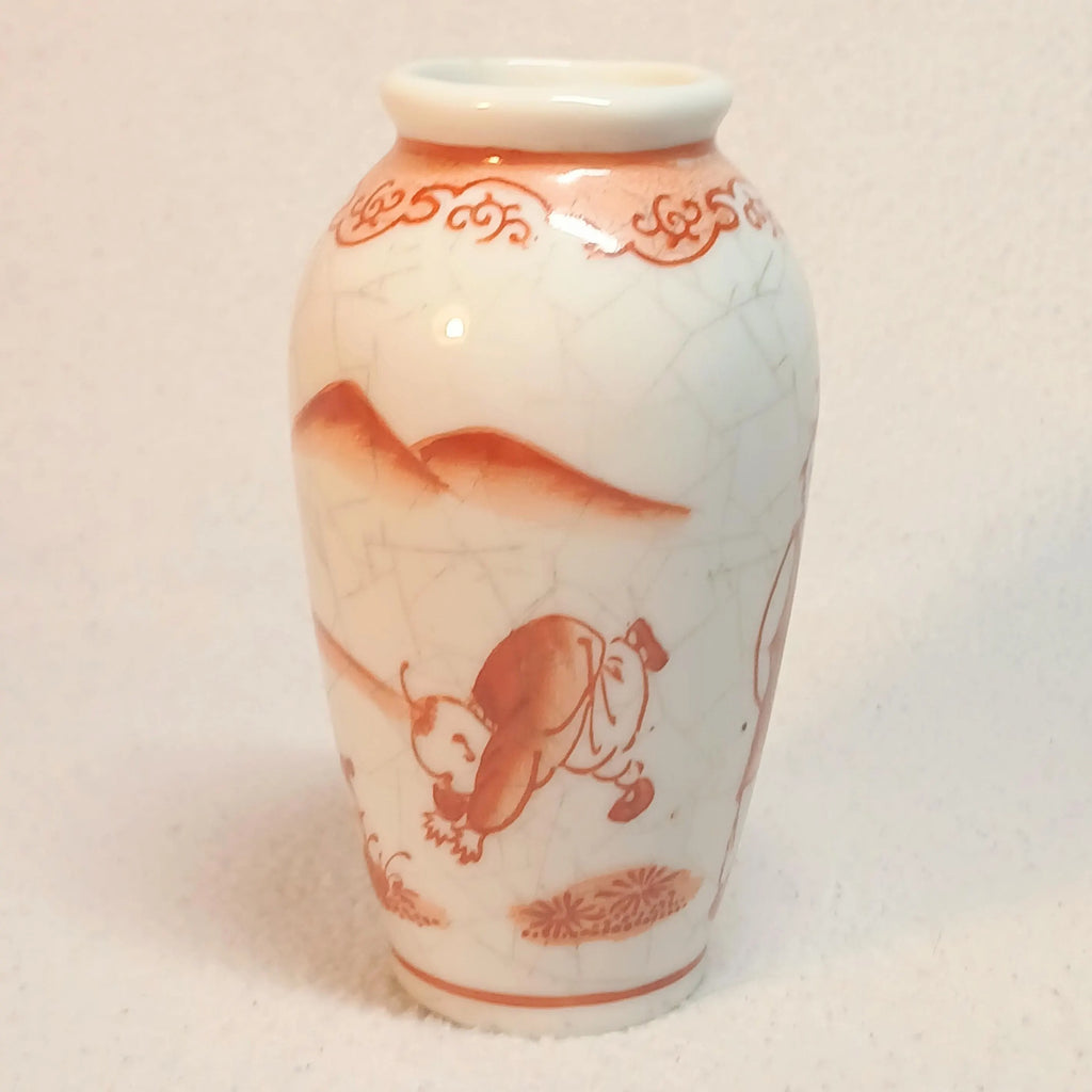 Vintage Crackle Glaze Mini Vase – Red Figural Scene