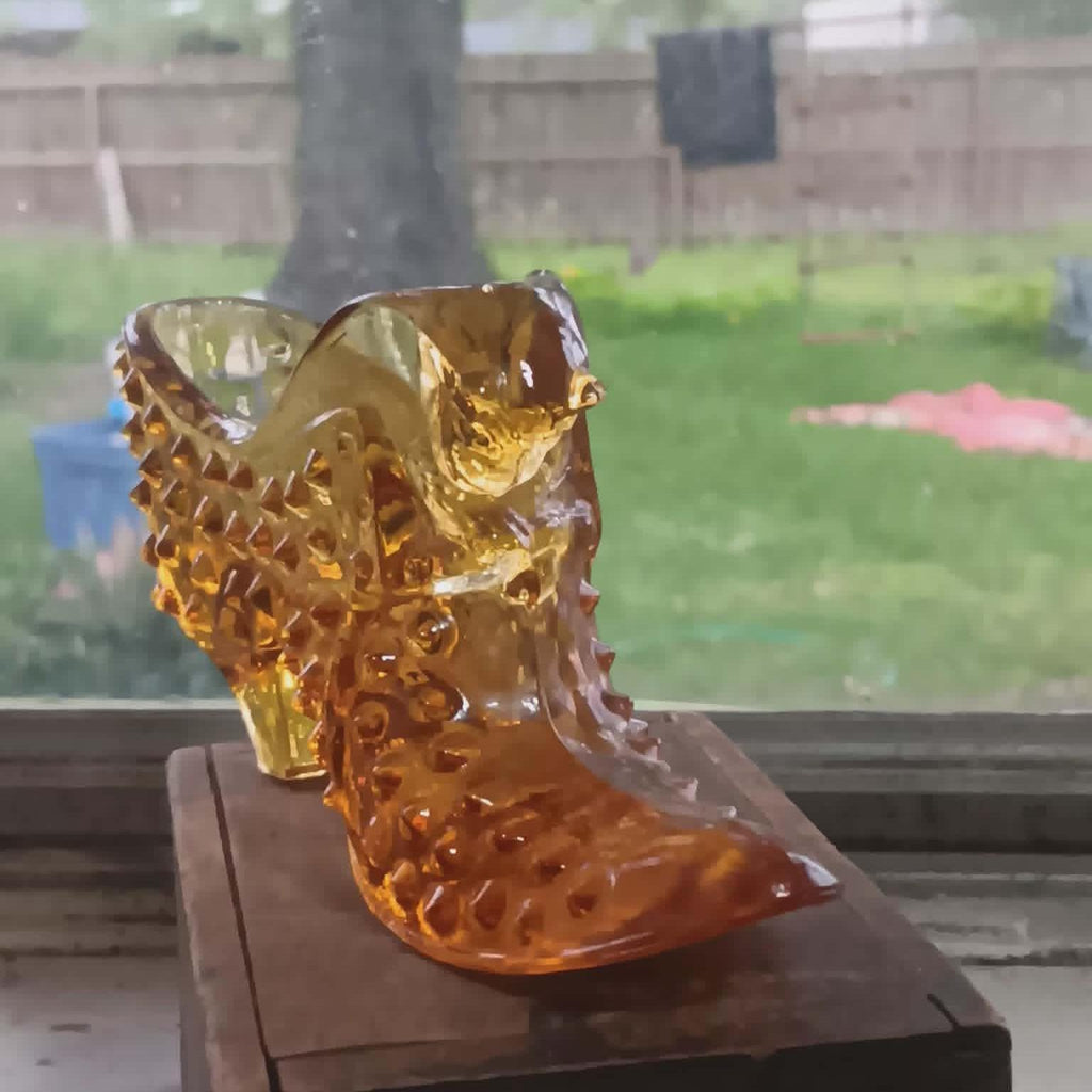 Fenton Glass Amber Hobnail Shoe - Vintage Cat's Head Slipper