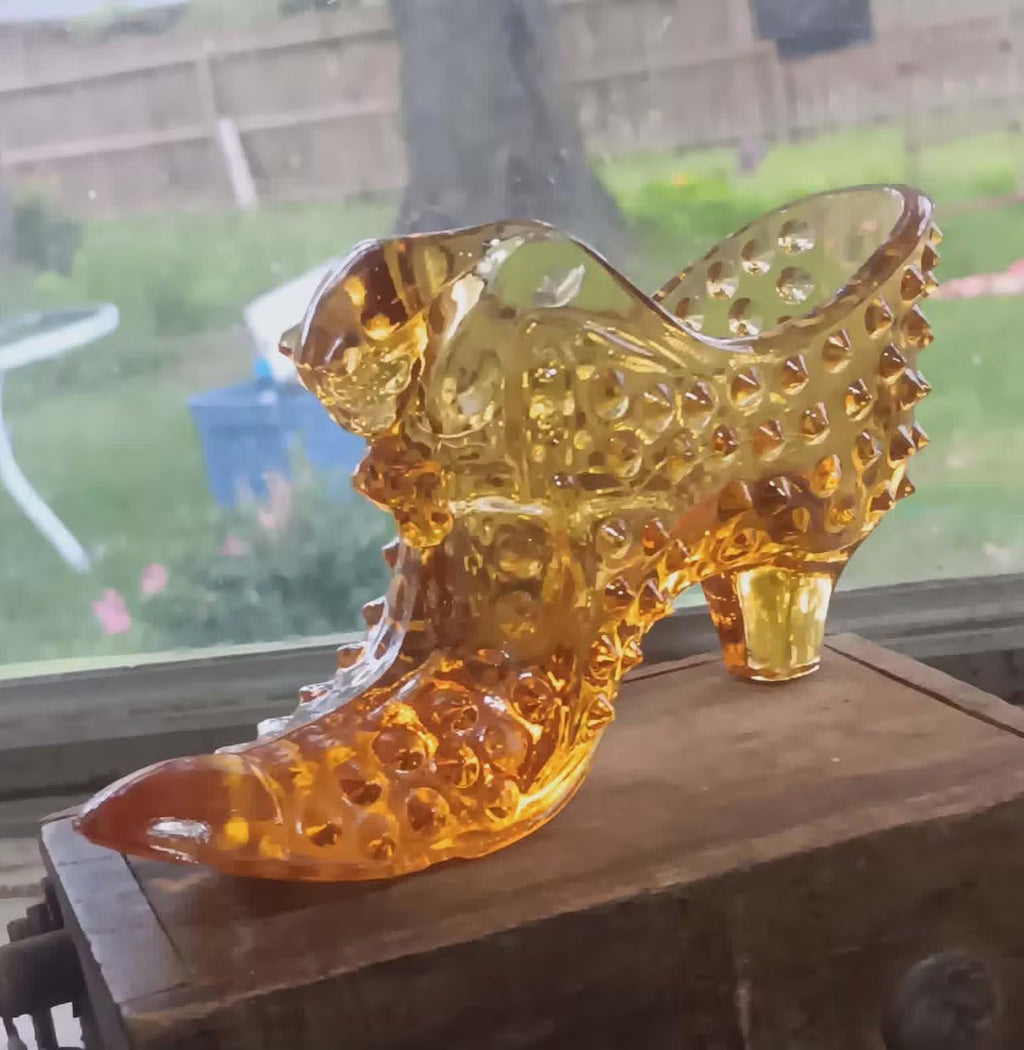Fenton Glass Amber Hobnail Shoe - Vintage Cat's Head Slipper