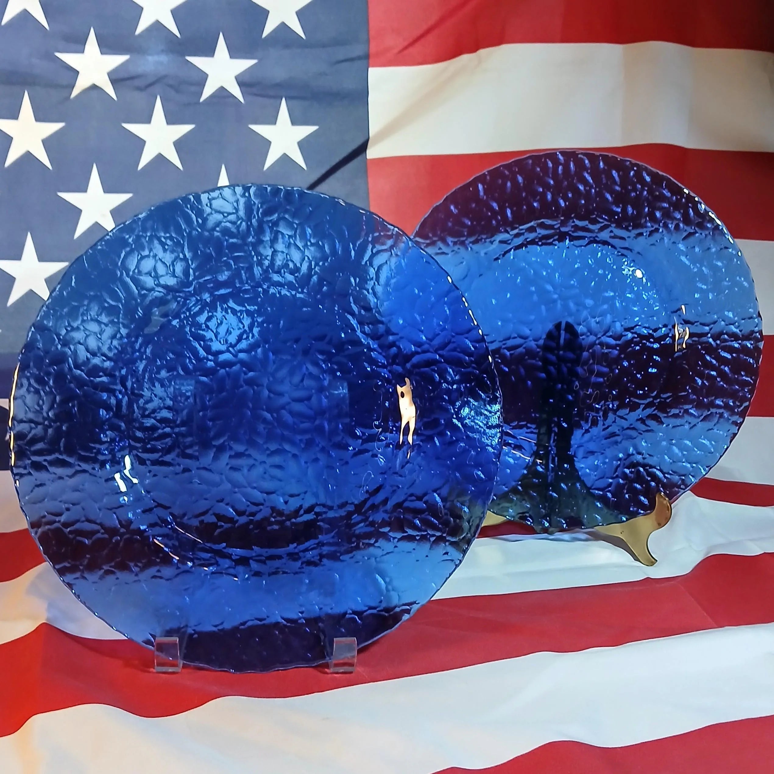 Vintage Cobalt Blue Glass Plates Set of 2 – 11" Textured Dinner, Serving or Charger Plates