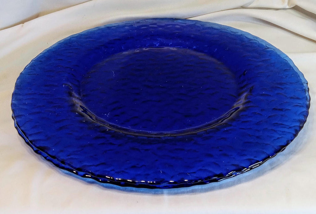 Vintage Cobalt Blue Glass Plates Set of 2 – 11" Textured Dinner, Serving or Charger Plates