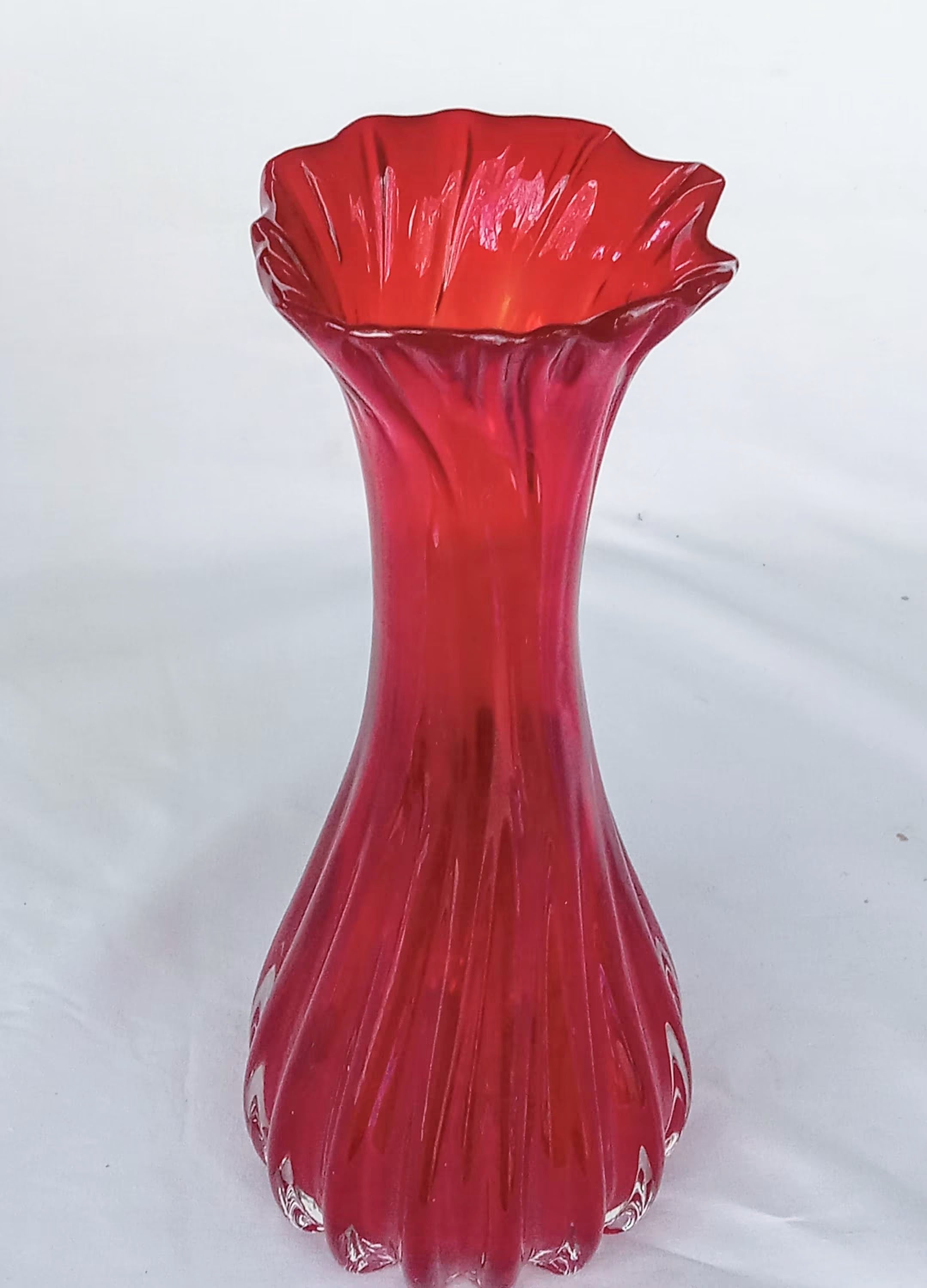 Hand Blown Glass Vase - Ruby Red, Ruffled Rim & Polished Pontil