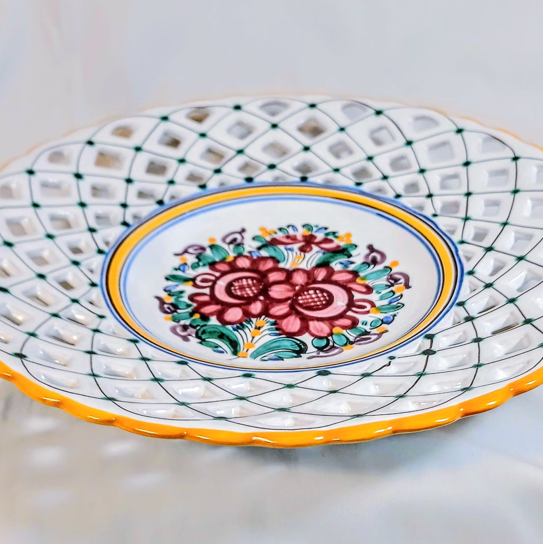 Hand-Painted Open Lattice Plate – 10.5" Slovakian Folk Art Pottery